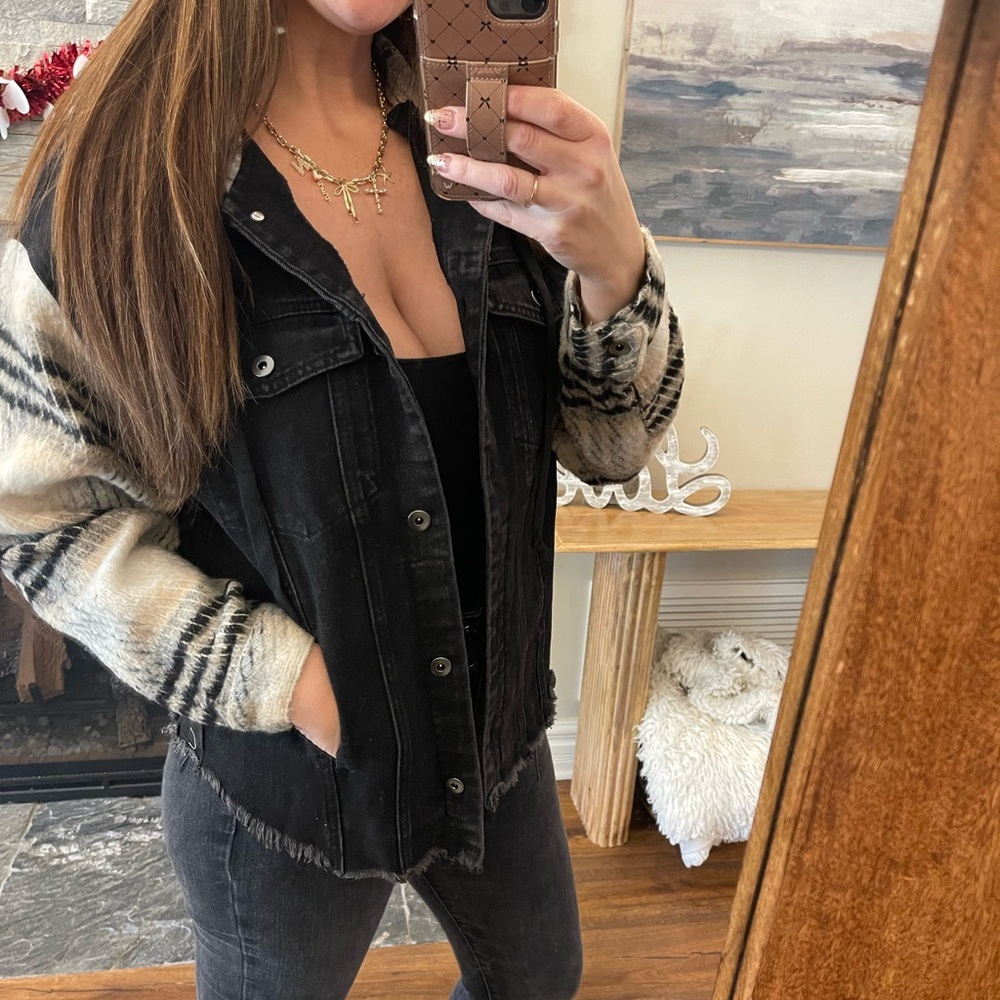 Black Jean Jacket with Plaid sleeves and hood